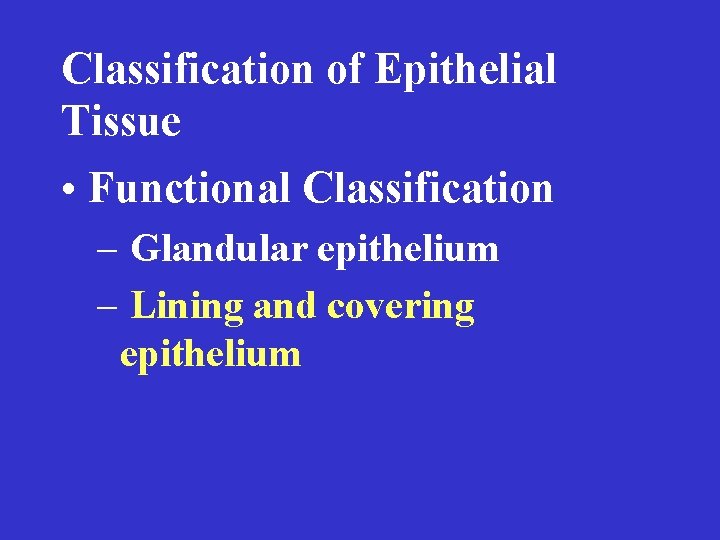 Classification of Epithelial Tissue • Functional Classification – Glandular epithelium – Lining and covering