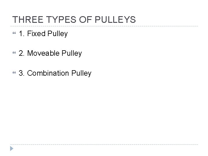 THREE TYPES OF PULLEYS 1. Fixed Pulley 2. Moveable Pulley 3. Combination Pulley 