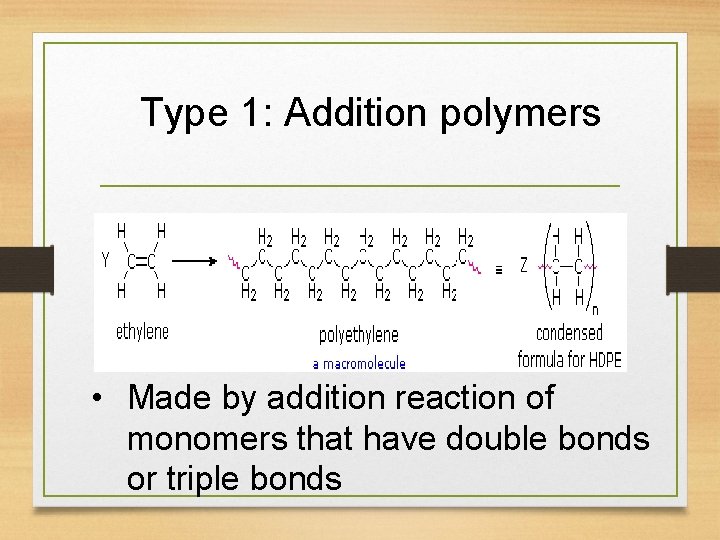 Type 1: Addition polymers • Made by addition reaction of monomers that have double