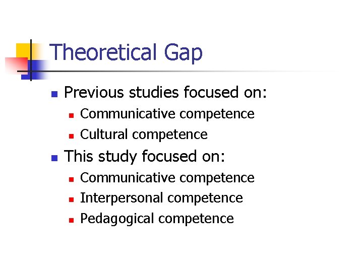 Theoretical Gap n Previous studies focused on: n n n Communicative competence Cultural competence