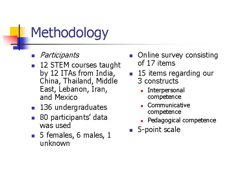 Methodology n n n Participants 12 STEM courses taught by 12 ITAs from India,