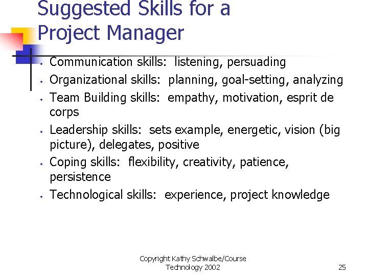 Suggested Skills for a Project Manager · · · Communication skills: listening, persuading Organizational