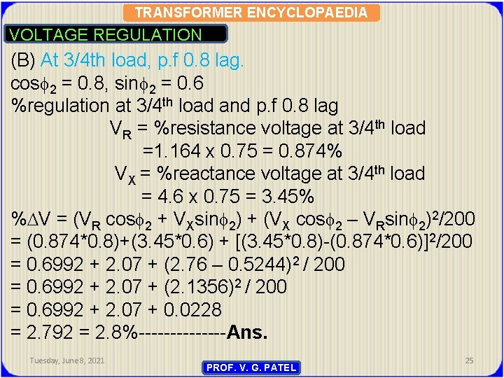 Transformer Voltage Regulation Presented By Prof Vg Patel