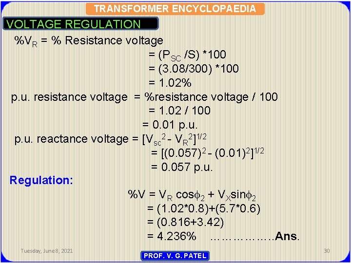 Transformer Voltage Regulation Presented By Prof Vg Patel