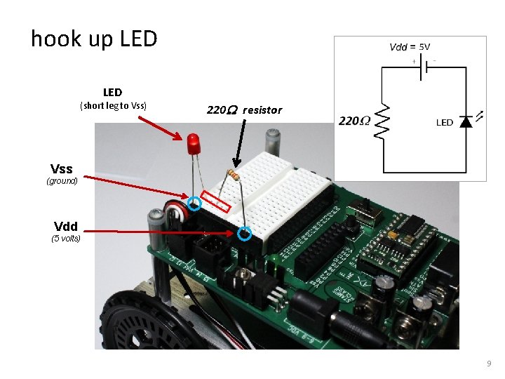 hook up LED (short leg to Vss) 220 W resistor Vss (ground) Vdd (5