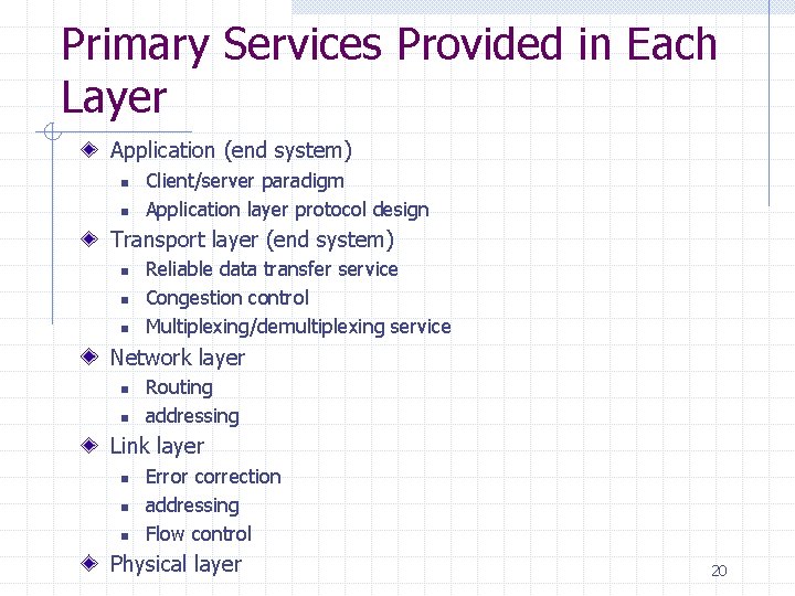 Primary Services Provided in Each Layer Application (end system) n n Client/server paradigm Application