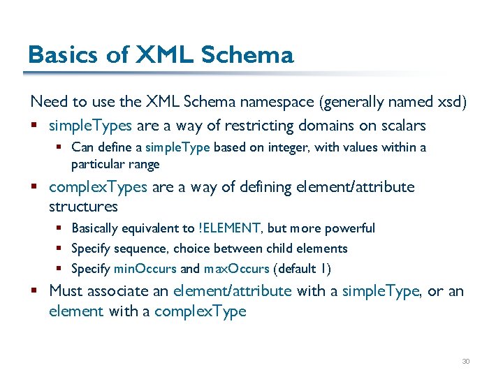 Basics of XML Schema Need to use the XML Schema namespace (generally named xsd)