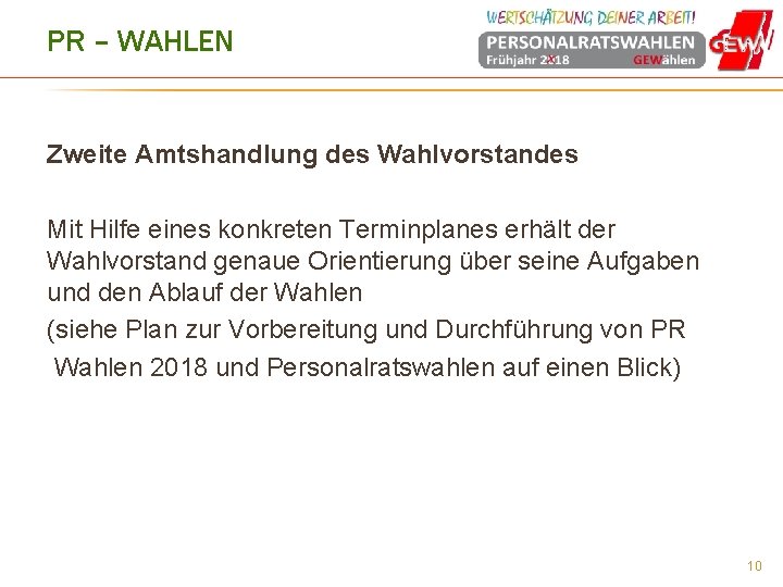 PR – WAHLEN Zweite Amtshandlung des Wahlvorstandes Mit Hilfe eines konkreten Terminplanes erhält der