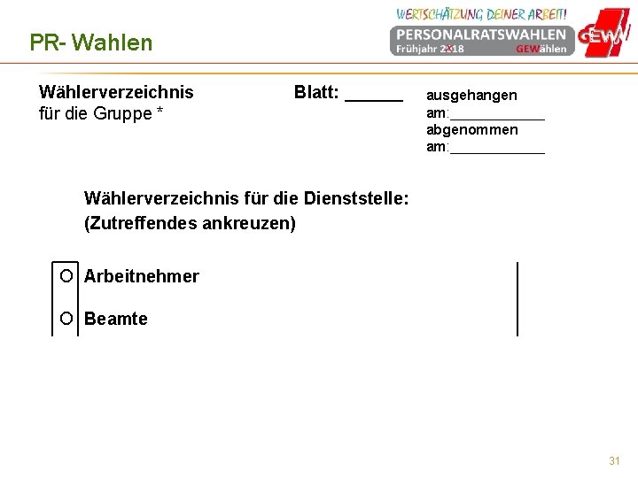 PR- Wahlen Wählerverzeichnis für die Gruppe * Blatt: ______ ausgehangen am: ______ abgenommen am: