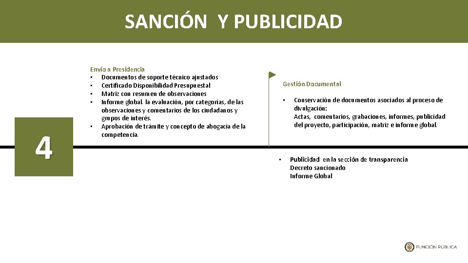 SANCIÓN Y PUBLICIDAD 4 Envío a Presidencia • Documentos de soporte técnico ajustados •