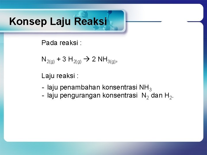 Konsep Laju Reaksi Pada reaksi : N 2(g) + 3 H 2(g) 2 NH