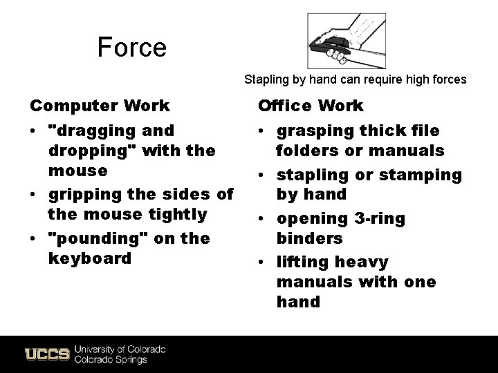 Force Stapling by hand can require high forces Computer Work Office Work • "dragging