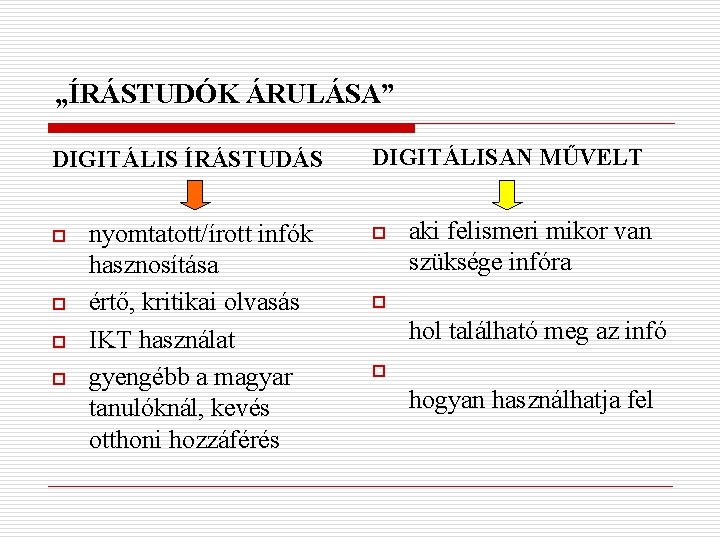 „ÍRÁSTUDÓK ÁRULÁSA” DIGITÁLIS ÍRÁSTUDÁS o o nyomtatott/írott infók hasznosítása értő, kritikai olvasás IKT használat