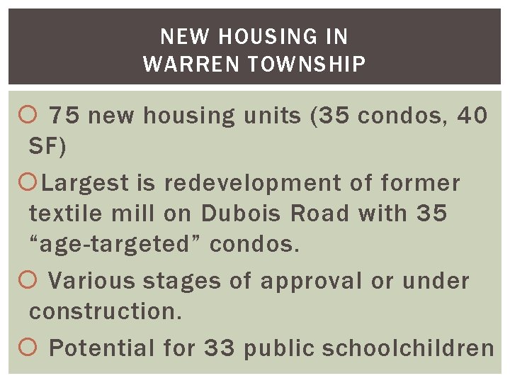 NEW HOUSING IN WARREN TOWNSHIP 75 new housing units (35 condos, 40 SF) Largest