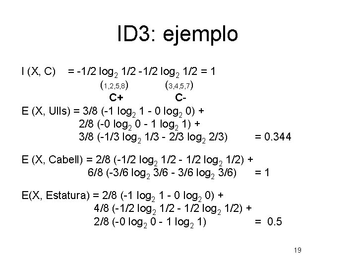 ID 3: ejemplo I (X, C) = -1/2 log 2 1/2 = 1 (1,