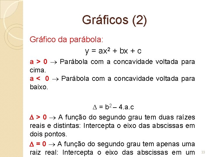 Gráficos (2) Gráfico da parábola: y = ax 2 + bx + c a