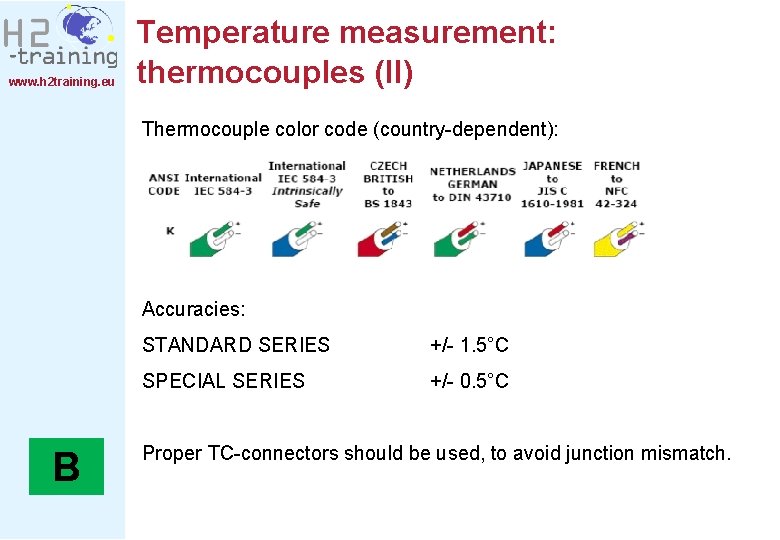 www. h 2 training. eu Temperature measurement: thermocouples (II) Thermocouple color code (country-dependent): Accuracies: