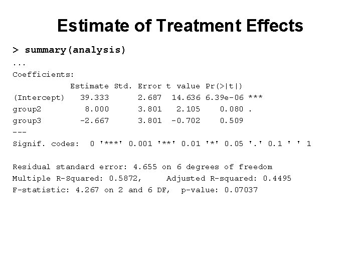 Estimate of Treatment Effects > summary(analysis). . . Coefficients: Estimate Std. Error t value