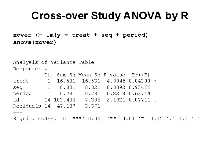 Cross-over Study ANOVA by R xover <- lm(y ~ treat + seq + period)