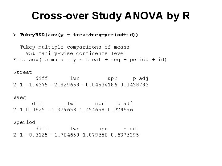Cross-over Study ANOVA by R > Tukey. HSD(aov(y ~ treat+seq+period+id)) Tukey multiple comparisons of