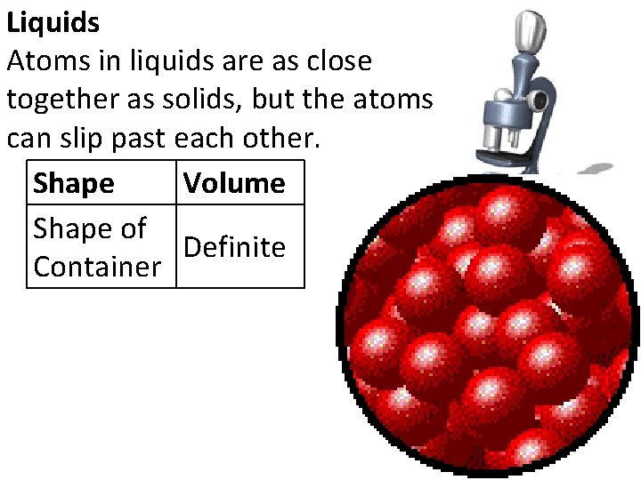 Liquids Atoms in liquids are as close together as solids, but the atoms can
