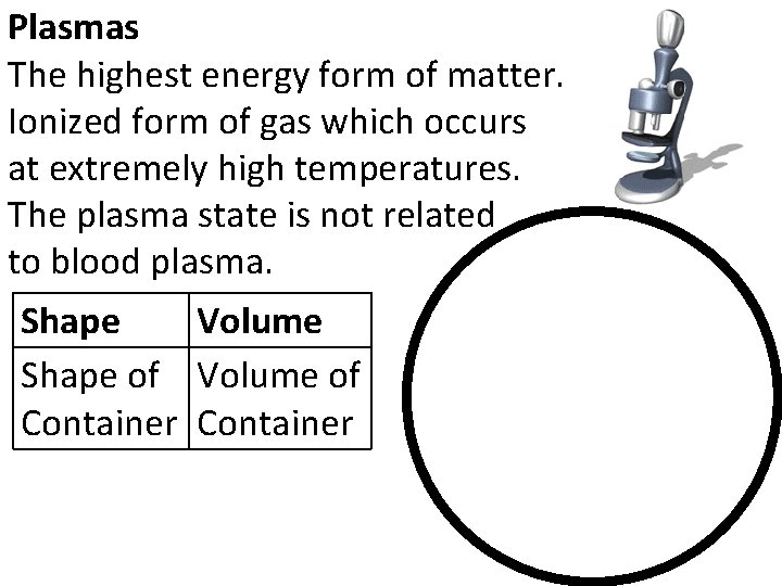 Plasmas The highest energy form of matter. Ionized form of gas which occurs at