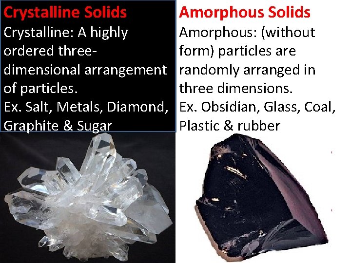 Crystalline Solids Crystalline: A highly ordered threedimensional arrangement of particles. Ex. Salt, Metals, Diamond,