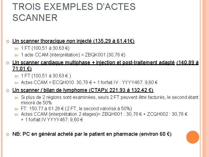 TROIS EXEMPLES D’ACTES SCANNER Un scanner thoracique non injecté (135, 29 à 61. 41€)