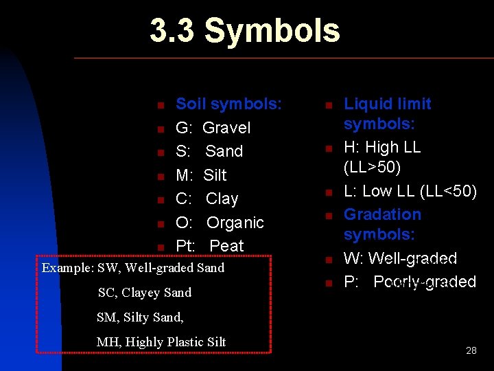 3. 3 Symbols n n n n Soil symbols: G: Gravel S: Sand M: