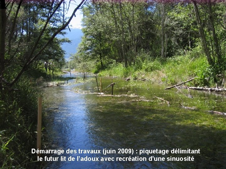 Démarrage des travaux (juin 2009) : piquetage délimitant le futur lit de l’adoux avec