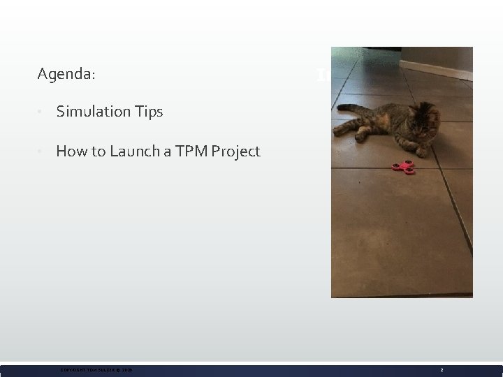 Agenda: • Simulation Tips • How to Launch a TPM Project COPYRIGHT TOM SULZER