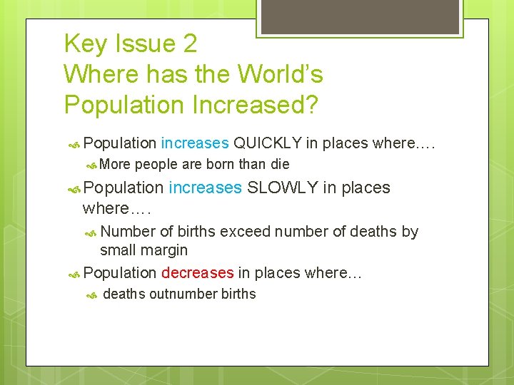 Key Issue 2 Where has the World’s Population Increased? Population More increases QUICKLY in