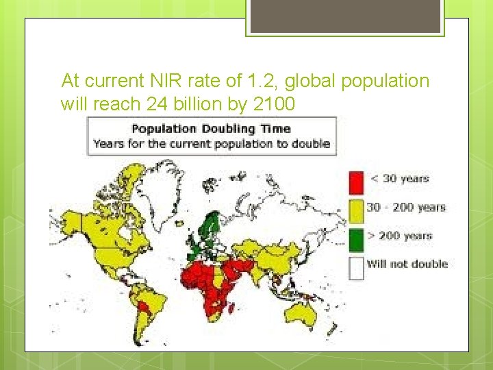 At current NIR rate of 1. 2, global population will reach 24 billion by