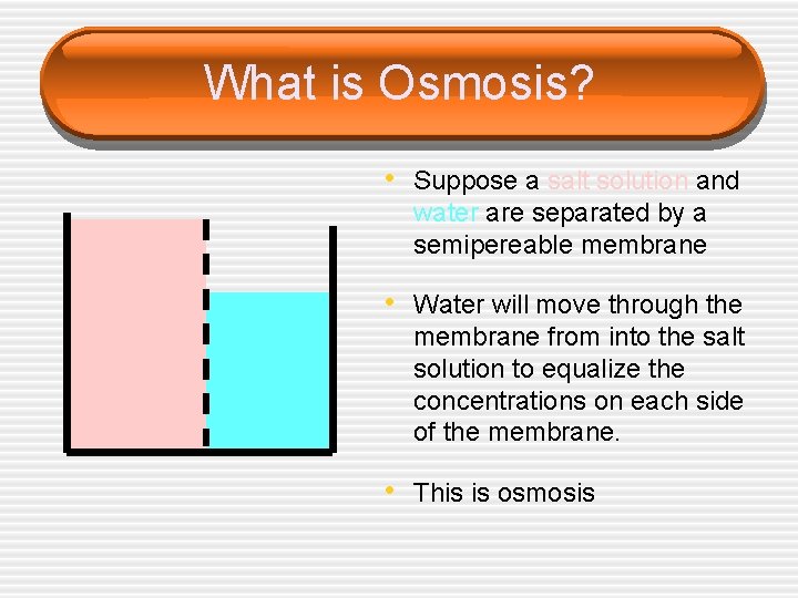 What is Osmosis? • Suppose a salt solution and water are separated by a