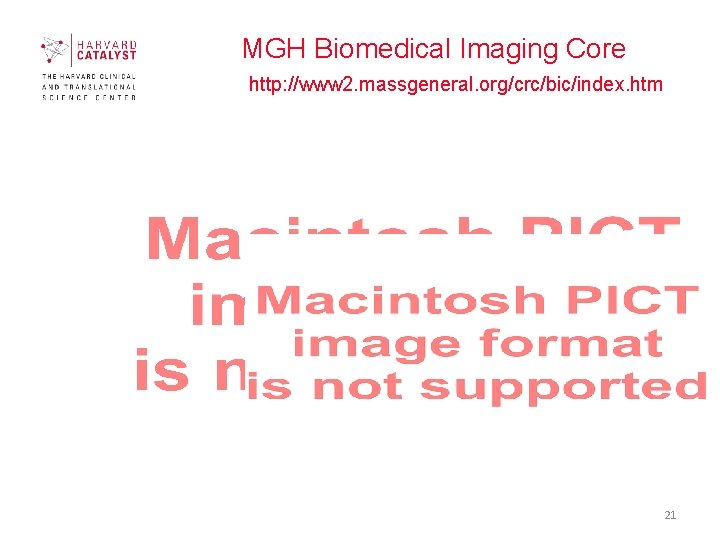 MGH Biomedical Imaging Core http: //www 2. massgeneral. org/crc/bic/index. htm 21 