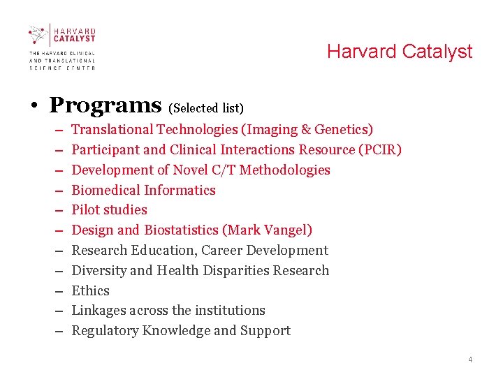 Harvard Catalyst • Programs (Selected list) – – – Translational Technologies (Imaging & Genetics)