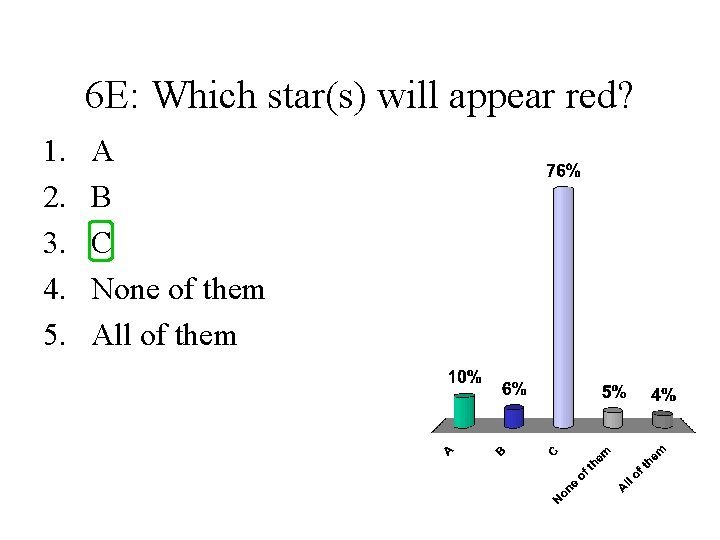 6 E: Which star(s) will appear red? 1. 2. 3. 4. 5. A B