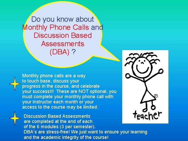 Do you know about Monthly Phone Calls and Discussion Based Assessments (DBA) ? Monthly