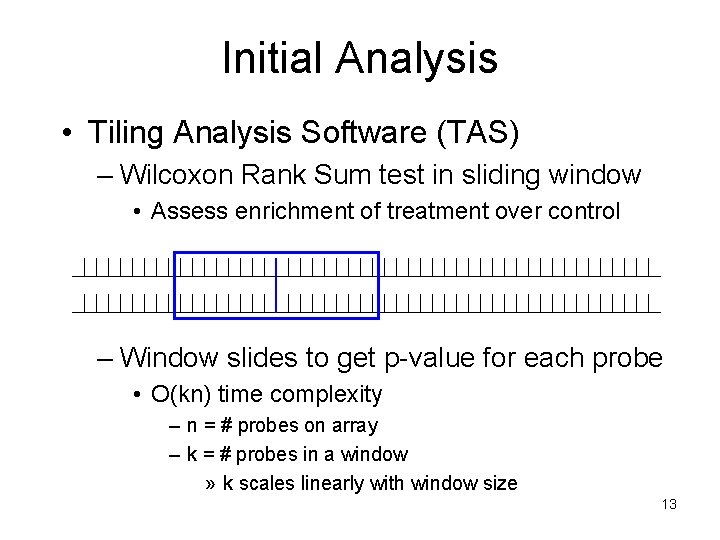 Initial Analysis • Tiling Analysis Software (TAS) – Wilcoxon Rank Sum test in sliding Initial Analysis • Tiling Analysis Software (TAS) – Wilcoxon Rank Sum test in sliding