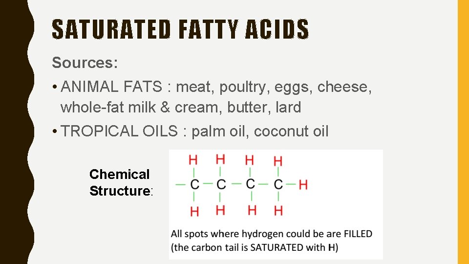 SATURATED FATTY ACIDS Sources: • ANIMAL FATS : meat, poultry, eggs, cheese, whole-fat milk