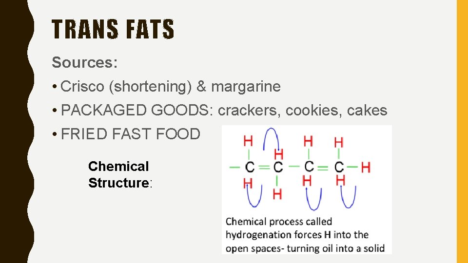 TRANS FATS Sources: • Crisco (shortening) & margarine • PACKAGED GOODS: crackers, cookies, cakes