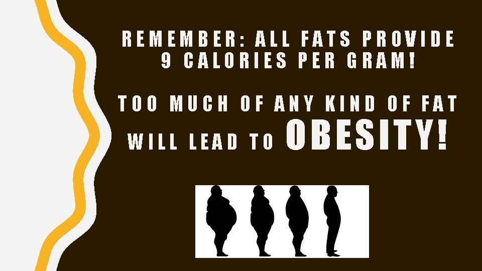 REMEMBER: ALL FATS PROVIDE 9 CALORIES PER GRAM! TOO MUCH OF ANY KIND OF