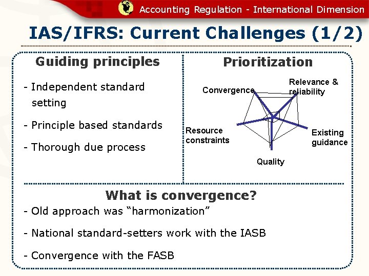 Accounting Regulation - International Dimension IAS/IFRS: Current Challenges (1/2) Guiding principles - Independent standard