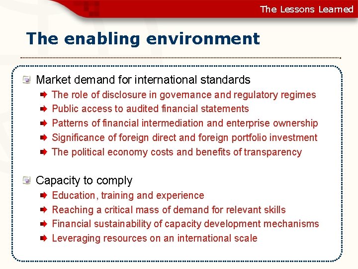 The Lessons Learned The enabling environment Market demand for international standards The role of