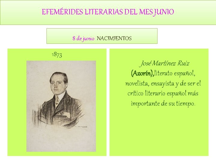 EFEMÉRIDES LITERARIAS DEL MES JUNIO 8 de junio NACIMIENTOS 1873 José Martínez Ruiz (Azorín), EFEMÉRIDES LITERARIAS DEL MES JUNIO 8 de junio NACIMIENTOS 1873 José Martínez Ruiz (Azorín),