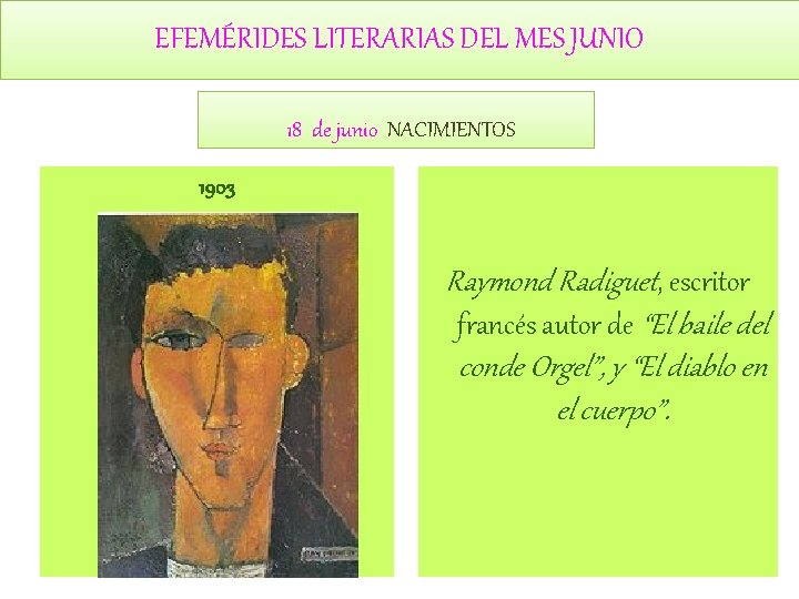 EFEMÉRIDES LITERARIAS DEL MES JUNIO 18 de junio NACIMIENTOS 1903 Raymond Radiguet, escritor francés