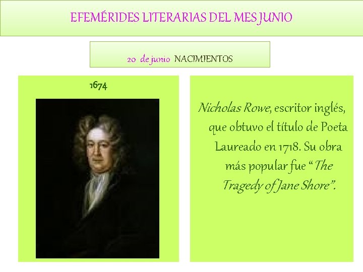 EFEMÉRIDES LITERARIAS DEL MES JUNIO 20 de junio NACIMIENTOS 1674 Nicholas Rowe, escritor inglés,