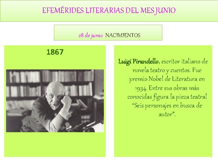 EFEMÉRIDES LITERARIAS DEL MES JUNIO 28 de junio NACIMIENTOS 1867 Luigi Pirandello, escritor italiano