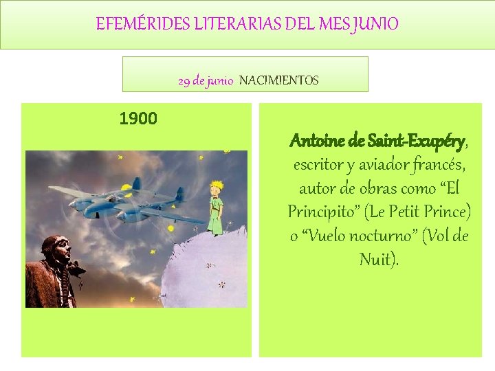 EFEMÉRIDES LITERARIAS DEL MES JUNIO 29 de junio NACIMIENTOS 1900 Antoine de Saint-Exupéry, escritor