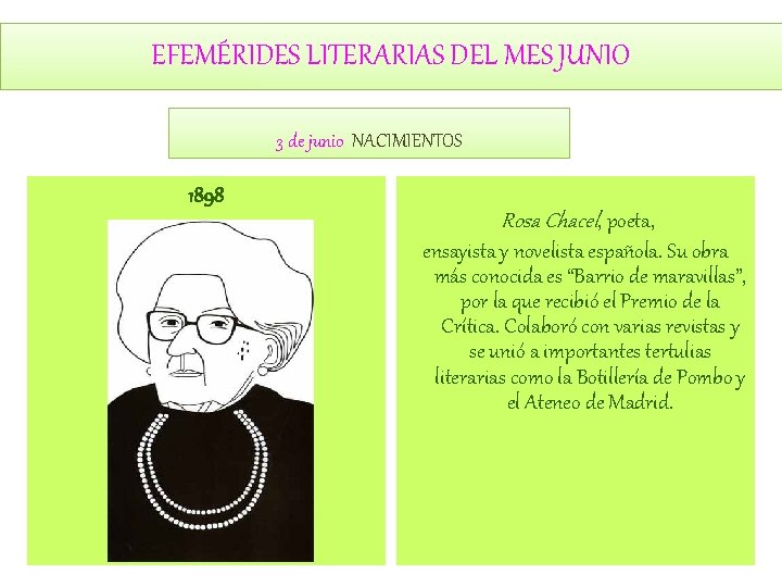 EFEMÉRIDES LITERARIAS DEL MES JUNIO 3 de junio NACIMIENTOS 1898 Rosa Chacel, poeta, ensayista EFEMÉRIDES LITERARIAS DEL MES JUNIO 3 de junio NACIMIENTOS 1898 Rosa Chacel, poeta, ensayista